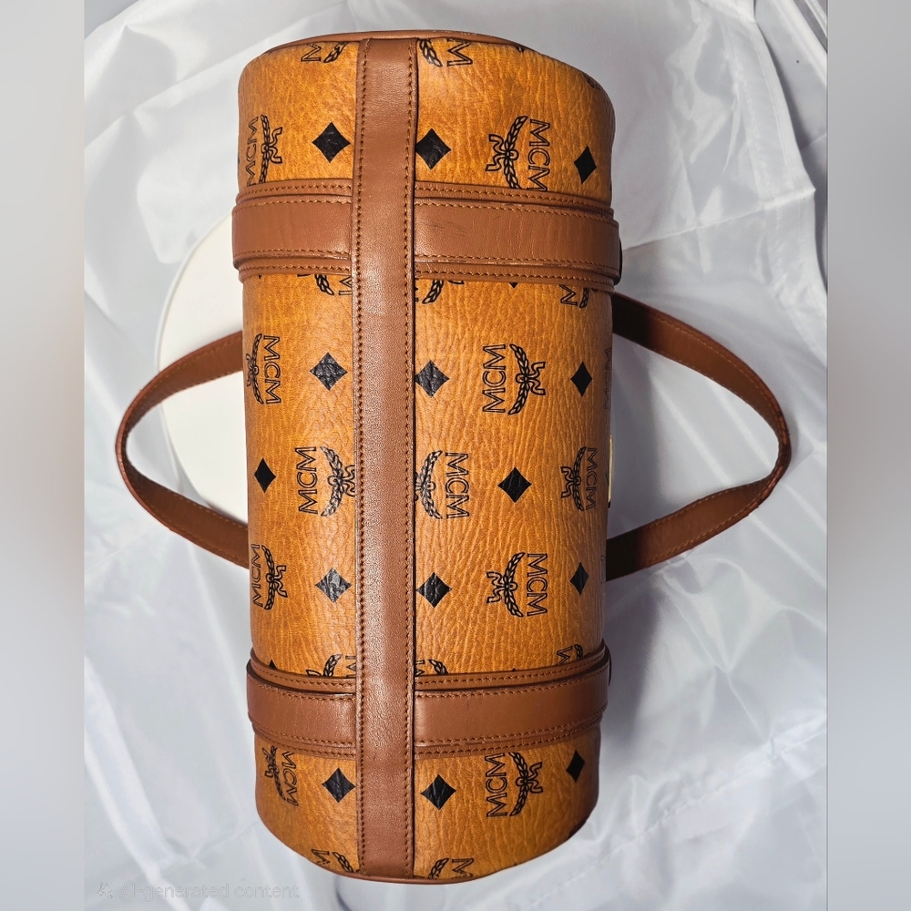 MCM Visetos Monogram Leather Barrel Shoulder Bag in Cognac Brown - Picture 10 of 14